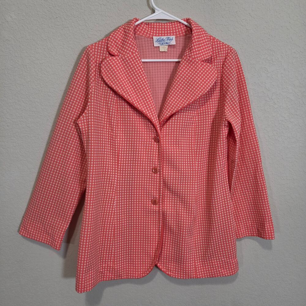 Vintage Blazer Lucky Tops Womens M 60s 70s Salmon Coral Gingham Check Jacket